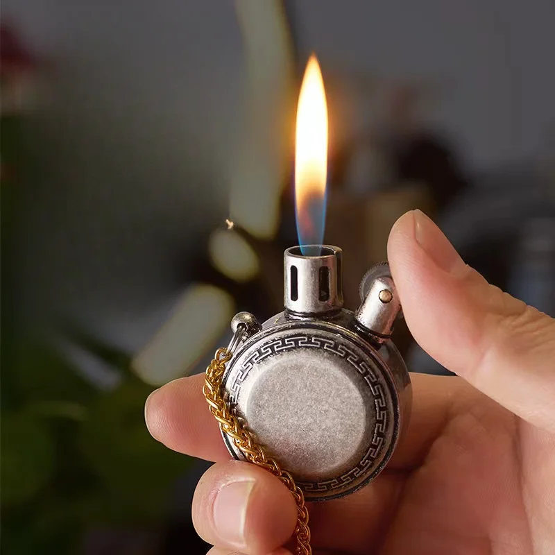 2024 Retro Pocket Watch Kerosene Lighter Mini Portable Gasoline Lighters Classic Vintage Oil Round Metal Unusual Men\'s Gift