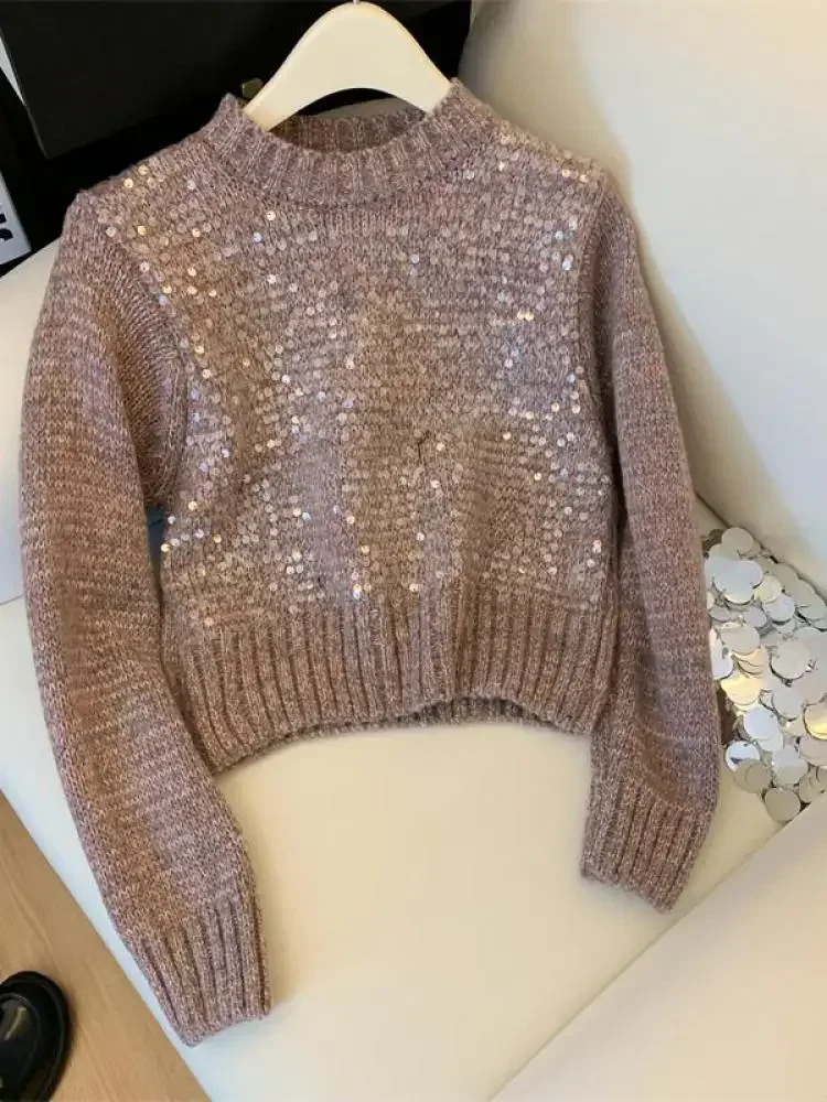 Pull français à paillettes solides pour femmes, pull court, manches longues, col rond, vintage, décontracté, automne, hiver, nouvelle mode, 2024