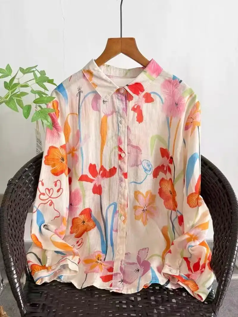 Original Watercolor Pink Red Floral Ramie Linen Blouse for Women Gradient Flower Pattern Lapel Collar Long Sleeve Shirt