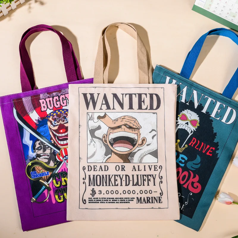 Anime One Piece Print Luffy Nika Zoro Roger Shanks Straw Hat Gang Wanted Poster Action Figures Canvas Bag Student Shopping Bag