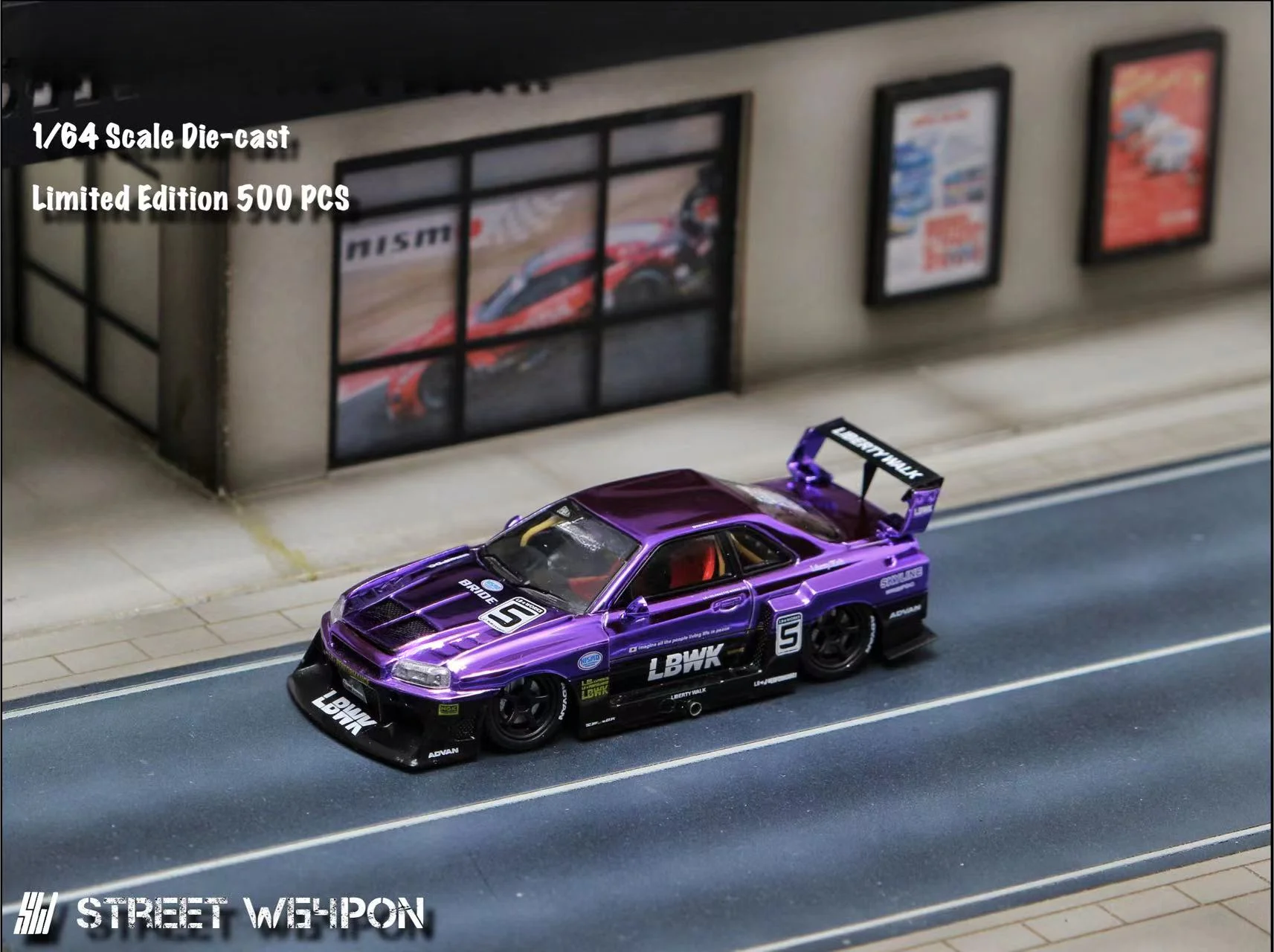 SW 1:64 Skyline ER34 Super Chrome Purple No5 limited499 Diecast Model Car