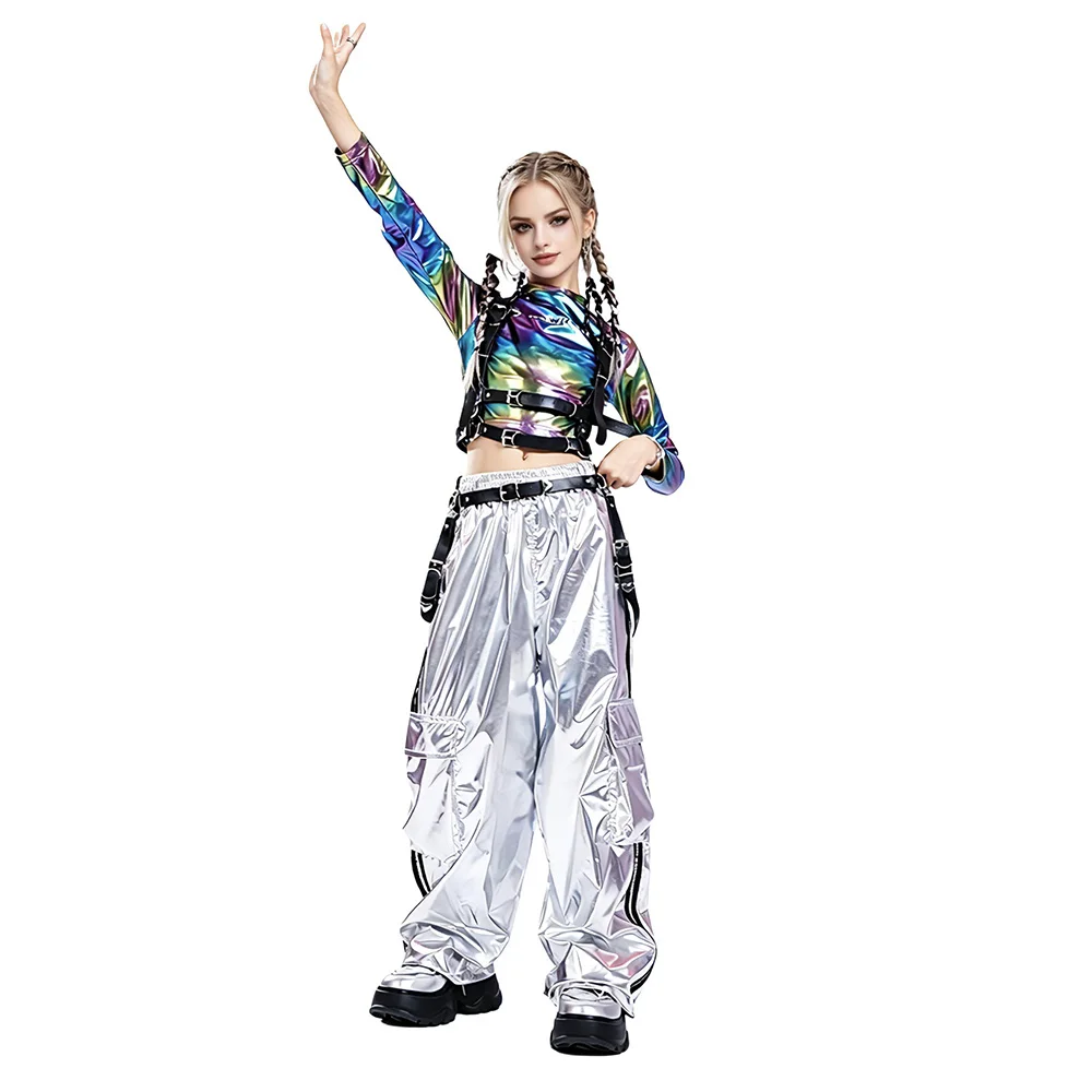 キッズストリートダンスジャズパフォーマンス衣装女の子ヒップホップ服ファッションキャットウォークステージ光沢のあるクロップ長袖トップロングパンツスーツ