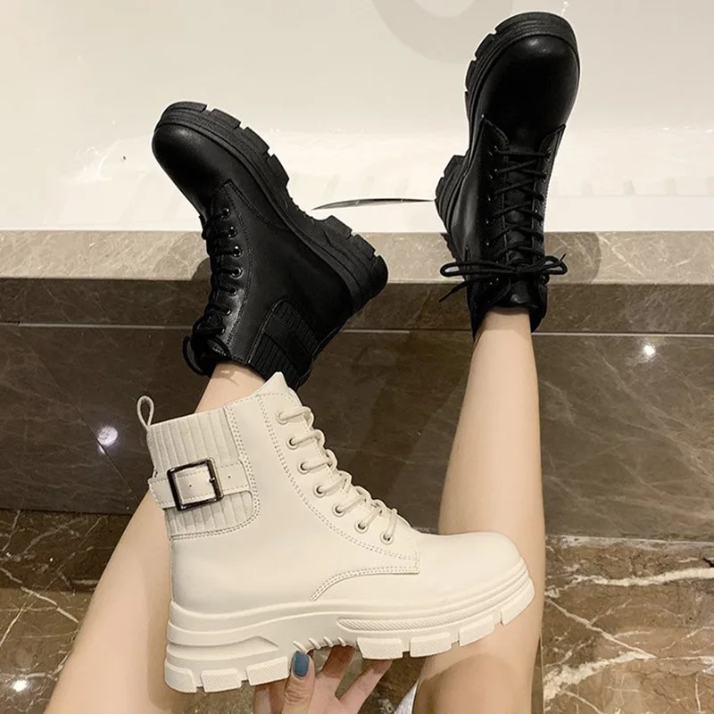 Platform Shoes Women Fashion Round PU Ankle Boots Elastic Black Soft Comfortable Boots Woman Goth Round Head Autumn Ladies Beige