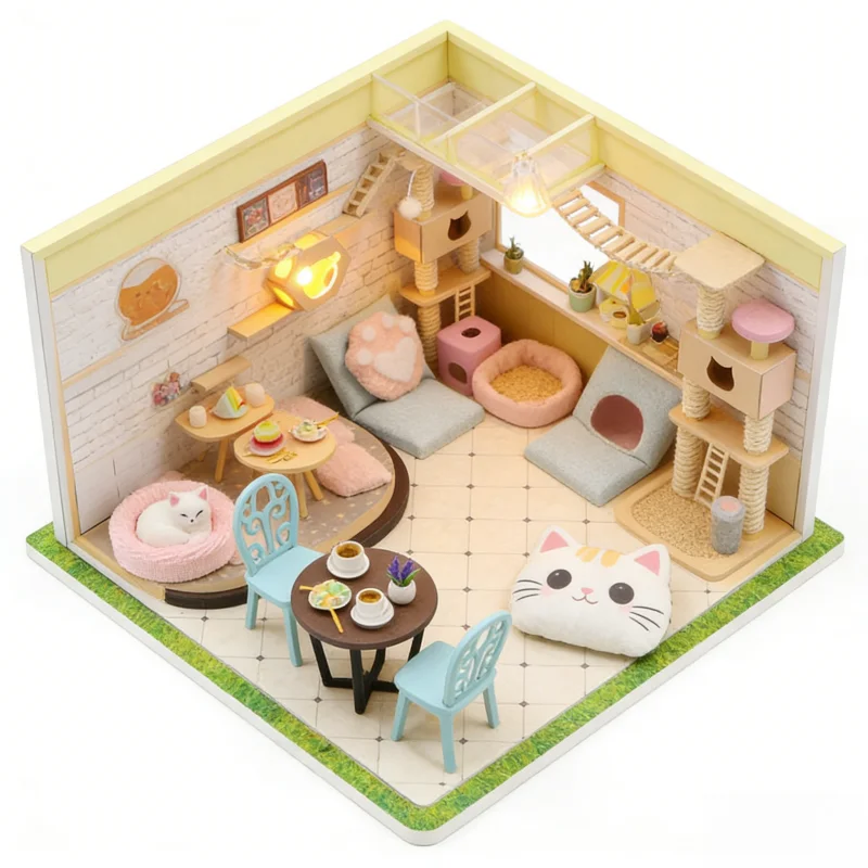OUZEY Cozy Cat Cafe Puppenhaus DIY, 3D-Holzminiatur mit LED-Leuchten, Geburtstagsgeschenk für Teenager-Mädchen