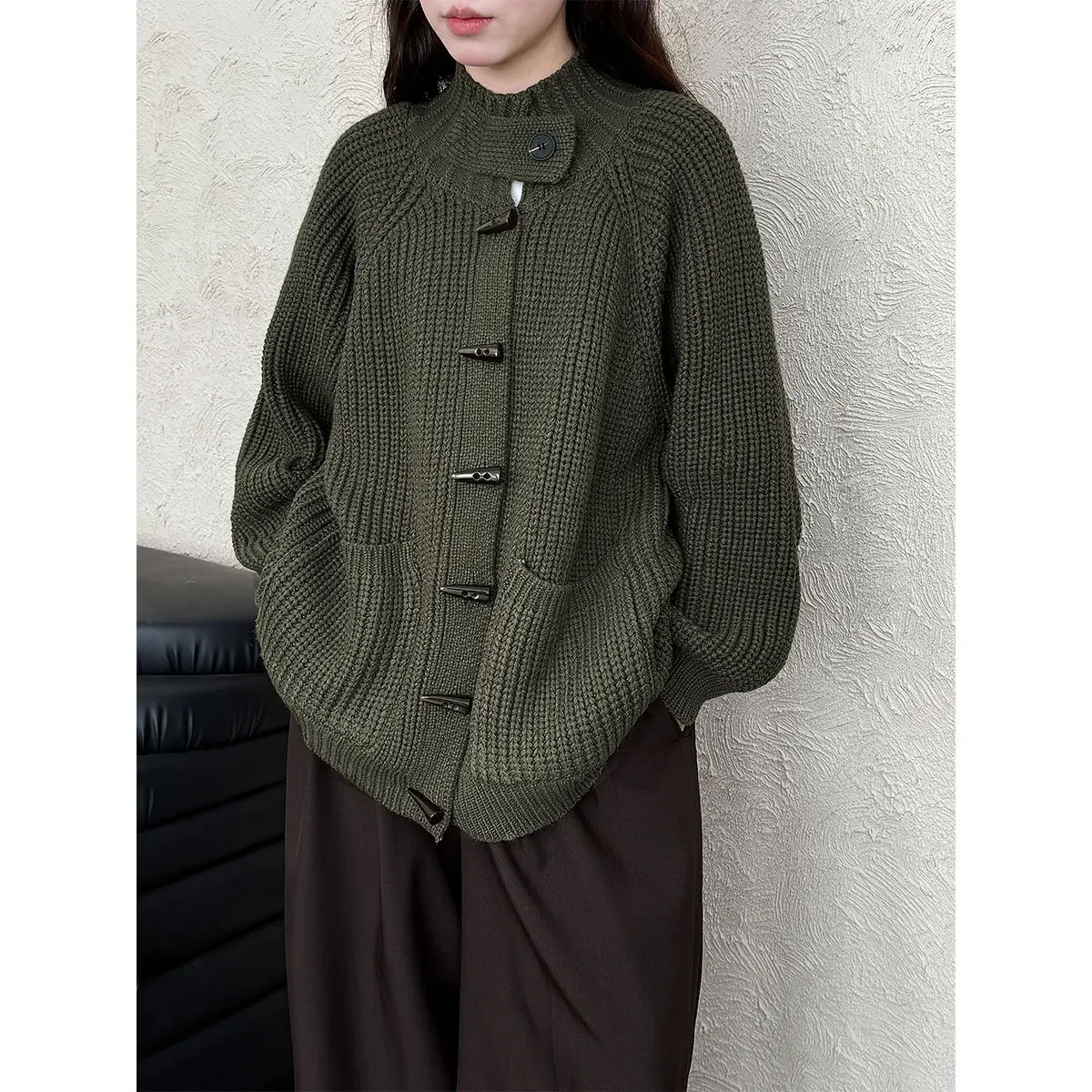 

Autumn Winter French Style Chunky Knit Retro Lazy Sweater Coat Women'sButton Cardigan Thickened Loose Fit Long Sleeve