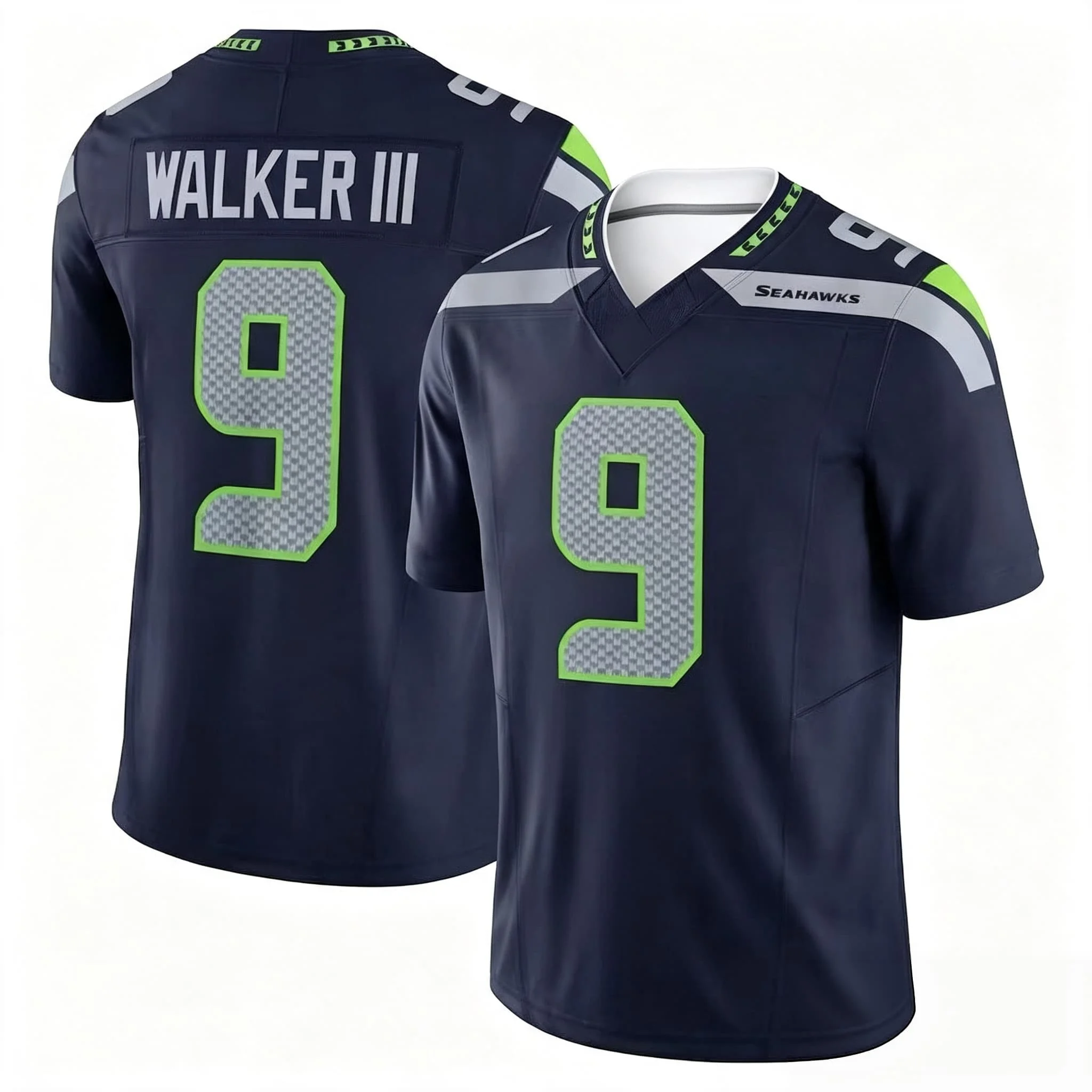 Men #9 Walker III Navy Home Football Jersey Mesh Digital Number Neon Green Trim V Neck Seahawks Game Fan Jersey Family Matching