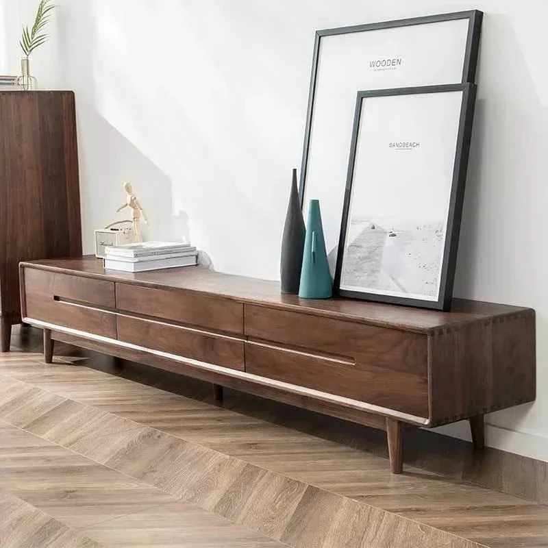 

Nordic solid wood TV cabinet Modern simple Small apartment black walnut log floor cabinet
