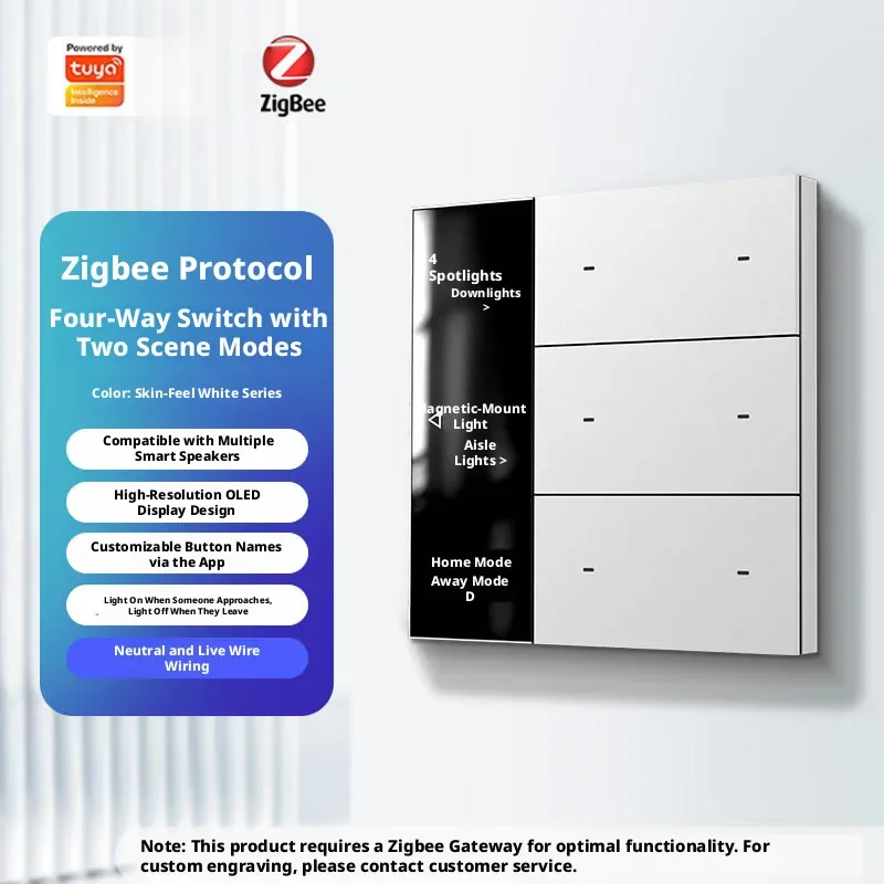 

Tuya Smart Zigbee 6 Gang Smart Touch Screen Display Switch No Engraving Customizable Text Switch Tuya APP Intelligent Control