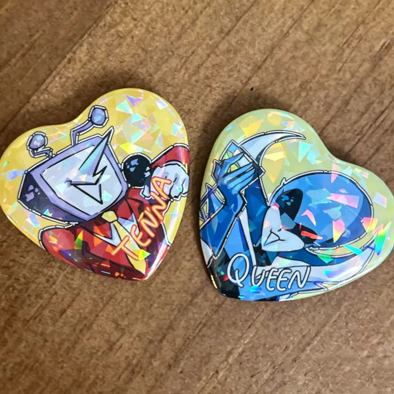 Deltarune Tenna & Queen Heart Button Pin – Holographic Glitter Acrylic Badge for Bag Jacket Hat Accessory Game Fan Gift