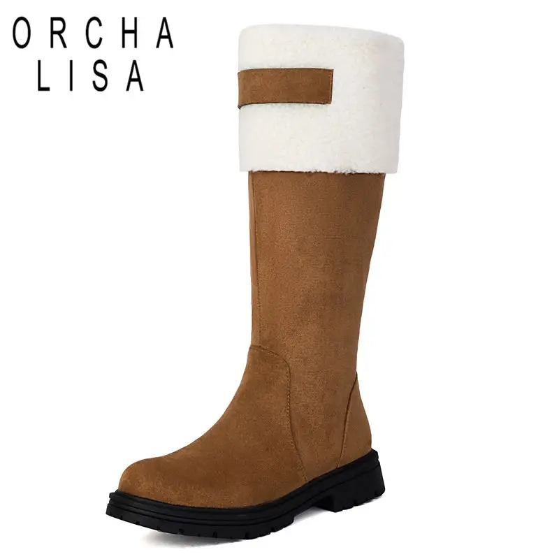 

ORCHALISA Brand Women Snow Boots Round Toe Flats Flock Suede Zipper Mixed Color Large Size 46 47 48 Leisure Warm Knee High Bota