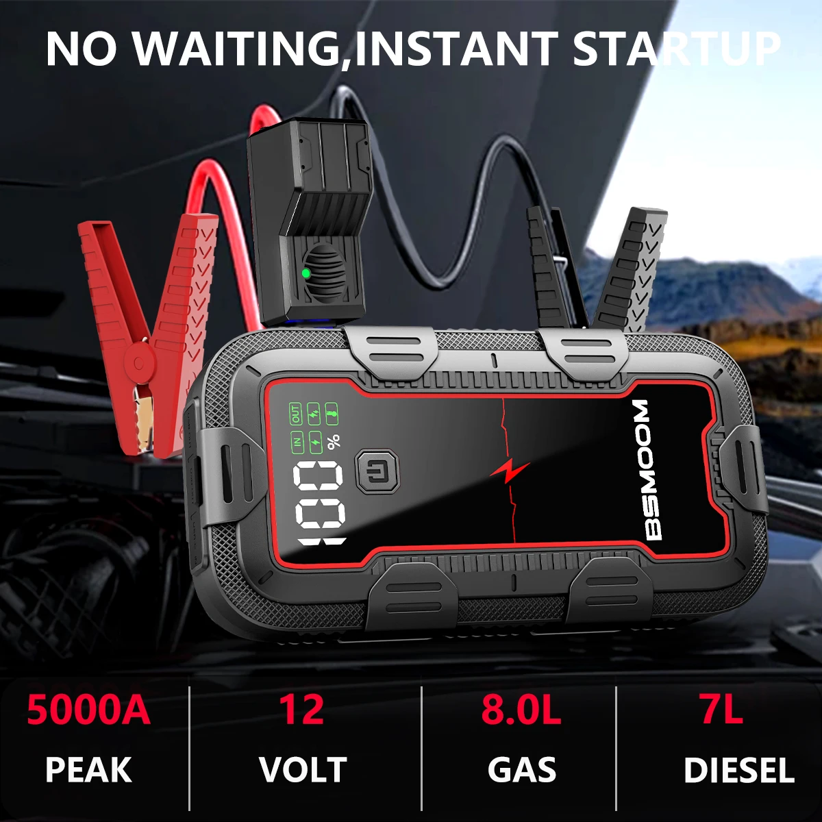 Car Jump Starter, 4000A Peak 21800mAh Auto Supercharger Battery Pack Jump Box with Fast Charger Smart Jump Clamp with LED