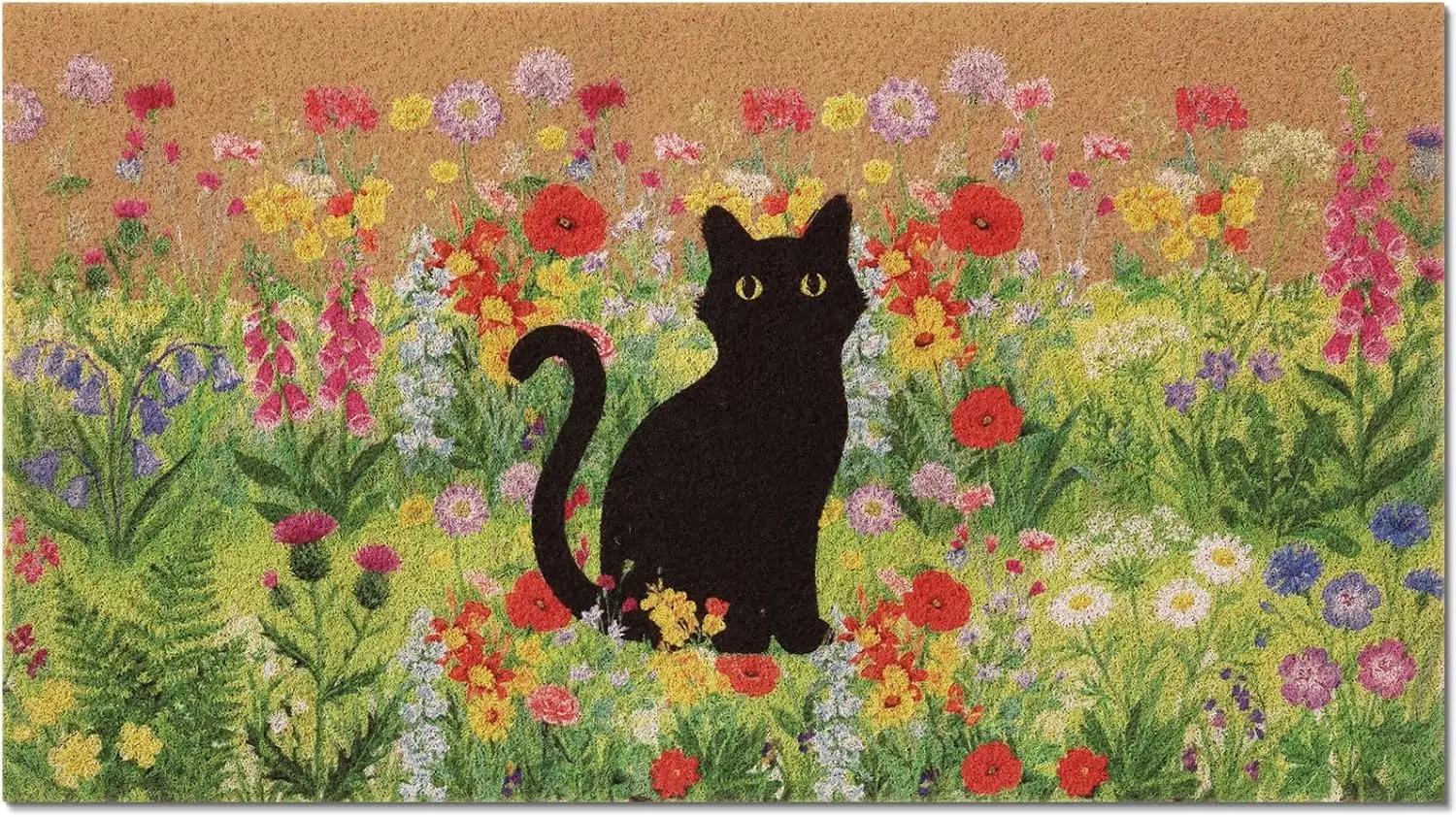 Whimsical Black Cat Floral Meadow Doormat Outdoor Indoor Entryway Rug Polyester Spring Nature Home Decor Gifts