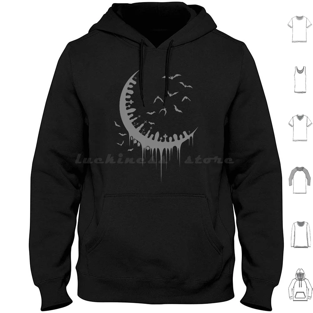 Graveyard Moon Hoodie Cotton Long Sleeve Gothic Gothic Moon Graveyard Cemetery Moon Crescent Moon Bats Bats Flying Halloween