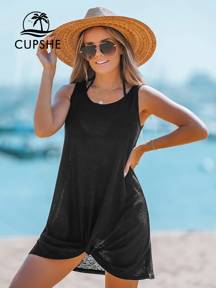 CUPSHE Slub Knit Twist-Hem Bikini Swim Cover Up For Women Sexy Sleeveless Beach Tunic Mini Cover Up Dress 2023 Summer Beachwear