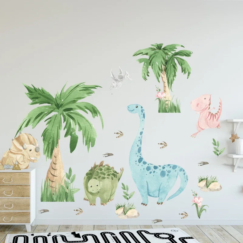 101x80cm Watercolor Cute Dinosaurs with Coconut Tree Wall Stickers Removable Wall Decals for Baby Nursery Room Kids Room Murals