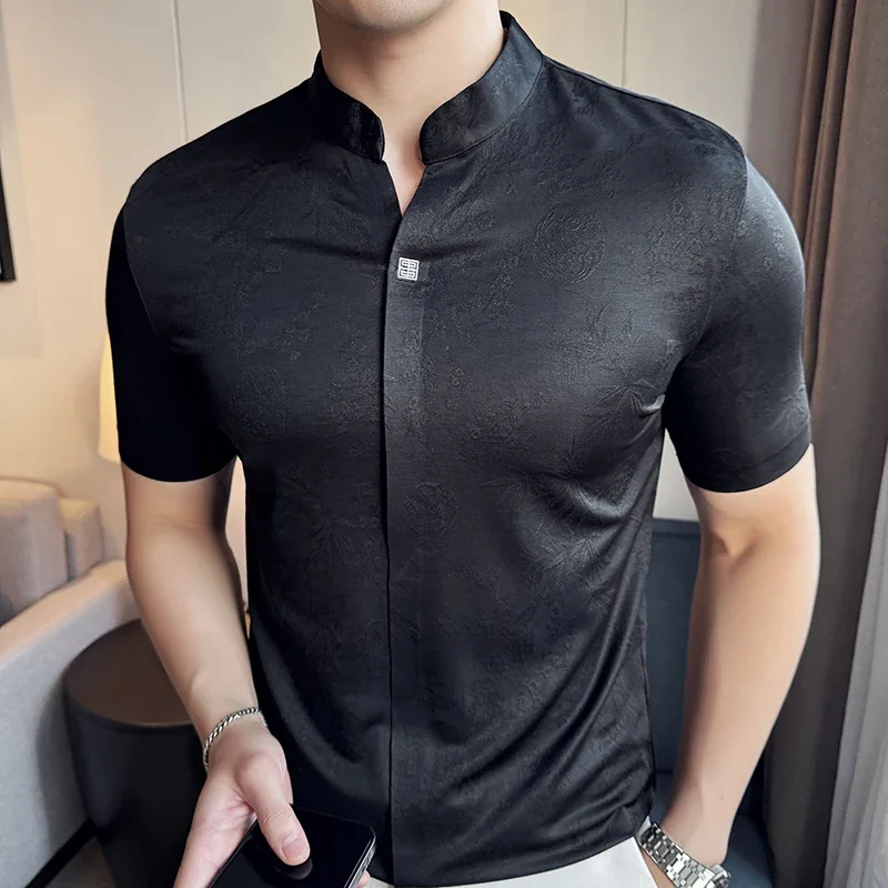 2024 Men's New Chinese Printed Stand up Collar Polo Shirt Fashion High Street Business Leisure Anti Wrinkle Hombre Short Sleeve