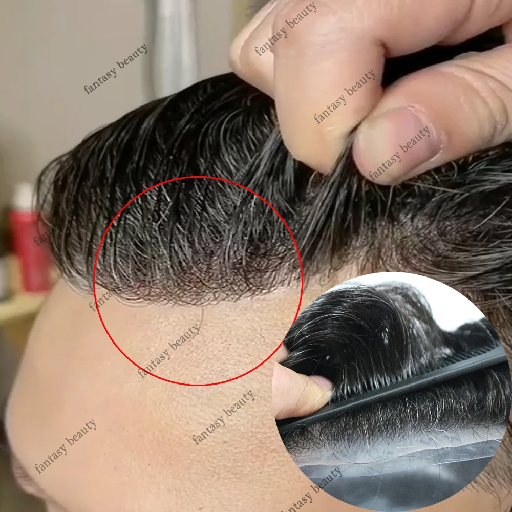 Toupet de cheveux humains ondulés pour hommes, postiches de remplacement pour hommes, délié avant naturel, peau complète durable, base en PU, noir, document