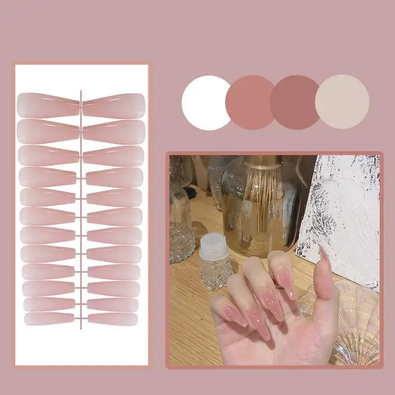 24Pcs/Set Multicolor Square Head Coffin Wearing False Nails Pink French Press On Nails Long Fake Nails Nude Color Nail Extension
