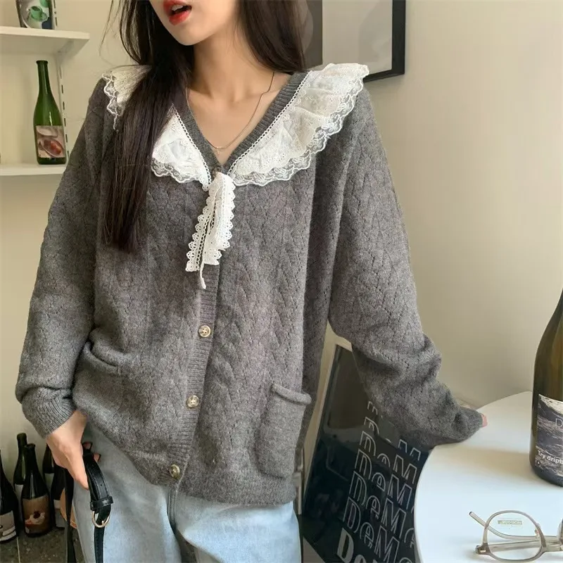 Long Sleeve Top Knitted Cute Sweaters Women Grey Elegant Cardidgans Button Up Front Tie Lace Trim Kawaii Knitwear Preppy Style