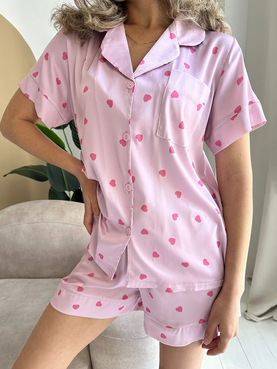 Women Valentine's Day Pajamas Set Cute Heart Print Short Sleeve Shirt and Shorts Lounge Set Coquette Pjs Sleepwear