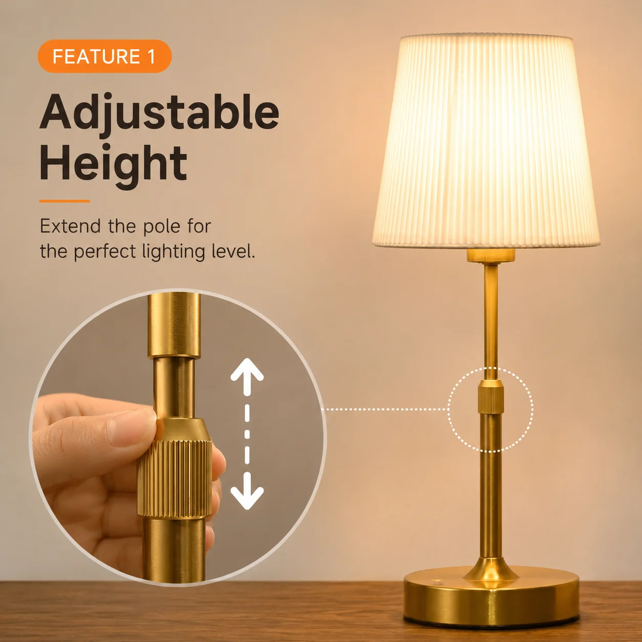 Fabric metal rechargeable touch table lamp, 2700K color temp, ideal for dining room & bedside decor.