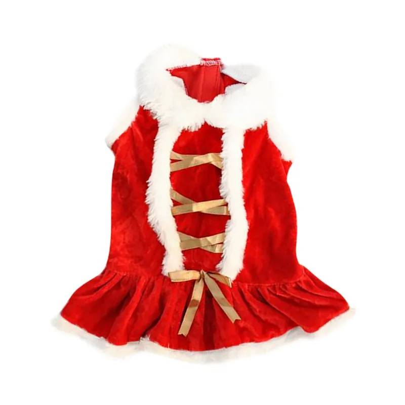 Pet Red Gold Ribbon Christmas Dress Gift Winter Cat And Dog Clothing Velvet Warm Pet Clothing