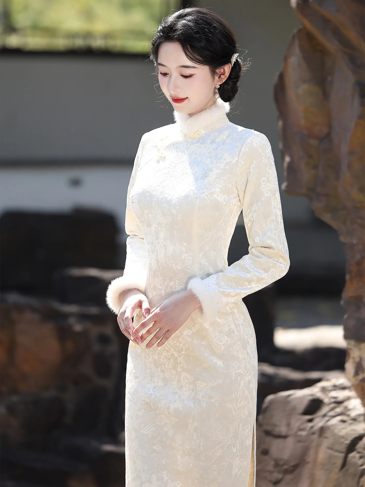 

Ele White Engagement Dr New Chinese Sle Autumn Winter Women's Faion High Collar Long Sve Mid-Length S...