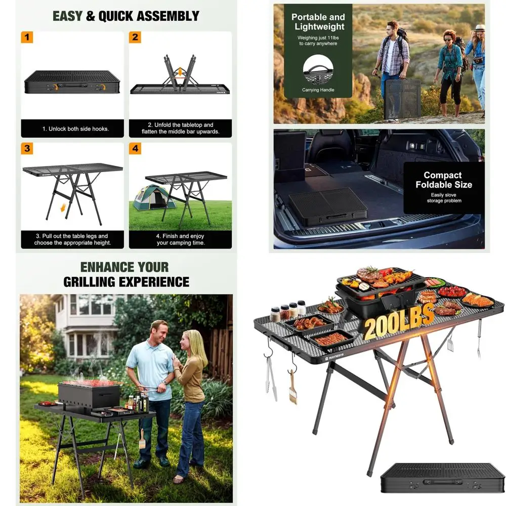 

Портативный складной стол с сетчатой столешницей, 120 см, регулируемая высота, нагрузка до 90 кг, подходит для кемпинга, пикника, барбекю и пляжа