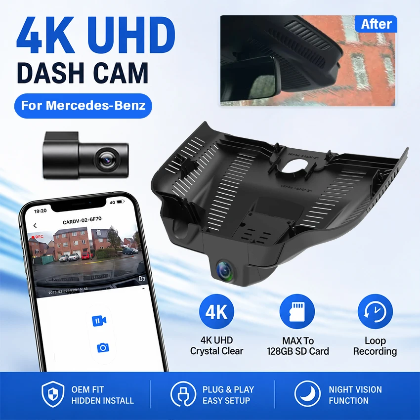 4K Front Rear Dash Camera For Mercedes‑Benz A‑Class 2019‑2022 Car DVR WiFi APP Control Parking Monitor G‑Sensor Video Recorder