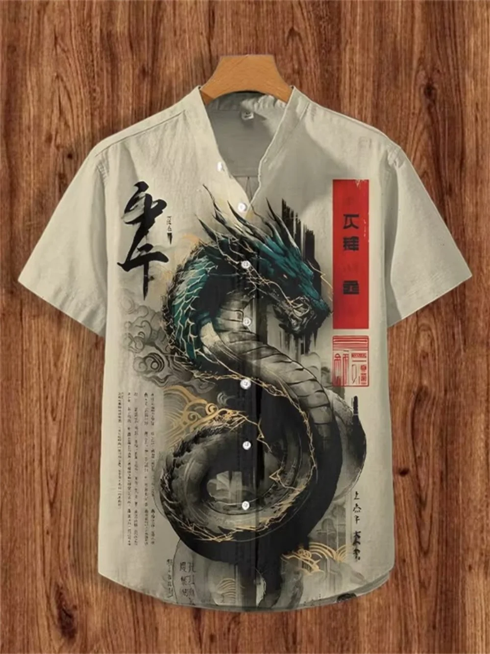 Cat Shooter Plum Blossom Chinese Character Printed Stand up Collar Shirt Retro Ukiyo-i Street Dress Hawaiian Beach Shirt Men