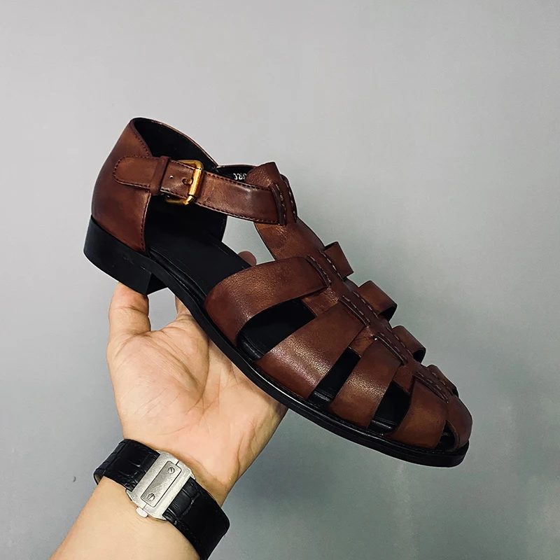 Summer New Brown Roman Handmade Cowhide Buckle Sandals Casual Comfort Versatile Large Flat Hollow Low Heel Men's Shoes