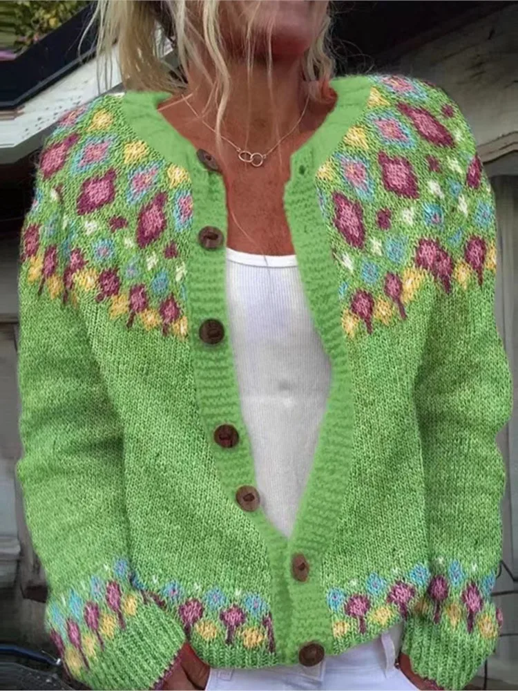 

Women's Bohemian Color Matching Knit Sweater Fashion Print O-neck Single-row Buckle Coats Autumn Winter Ladies Warm Sweater