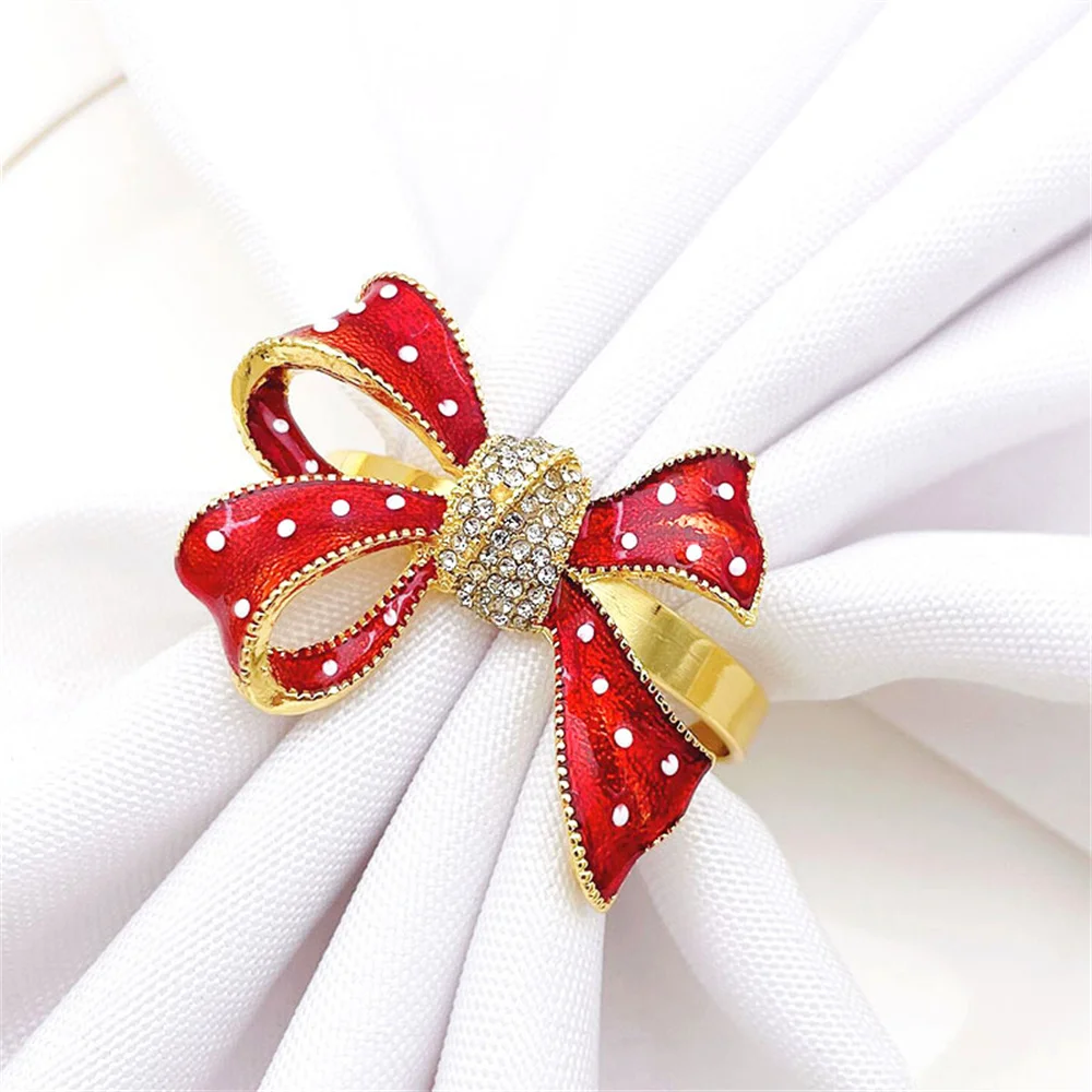 6Pcs Christmas Napkin Ring Set Rhinestone Xmas Tree Bow Bell Car Wreath Napkin Holder Gold Napkin Buckle for Christma Table Deco