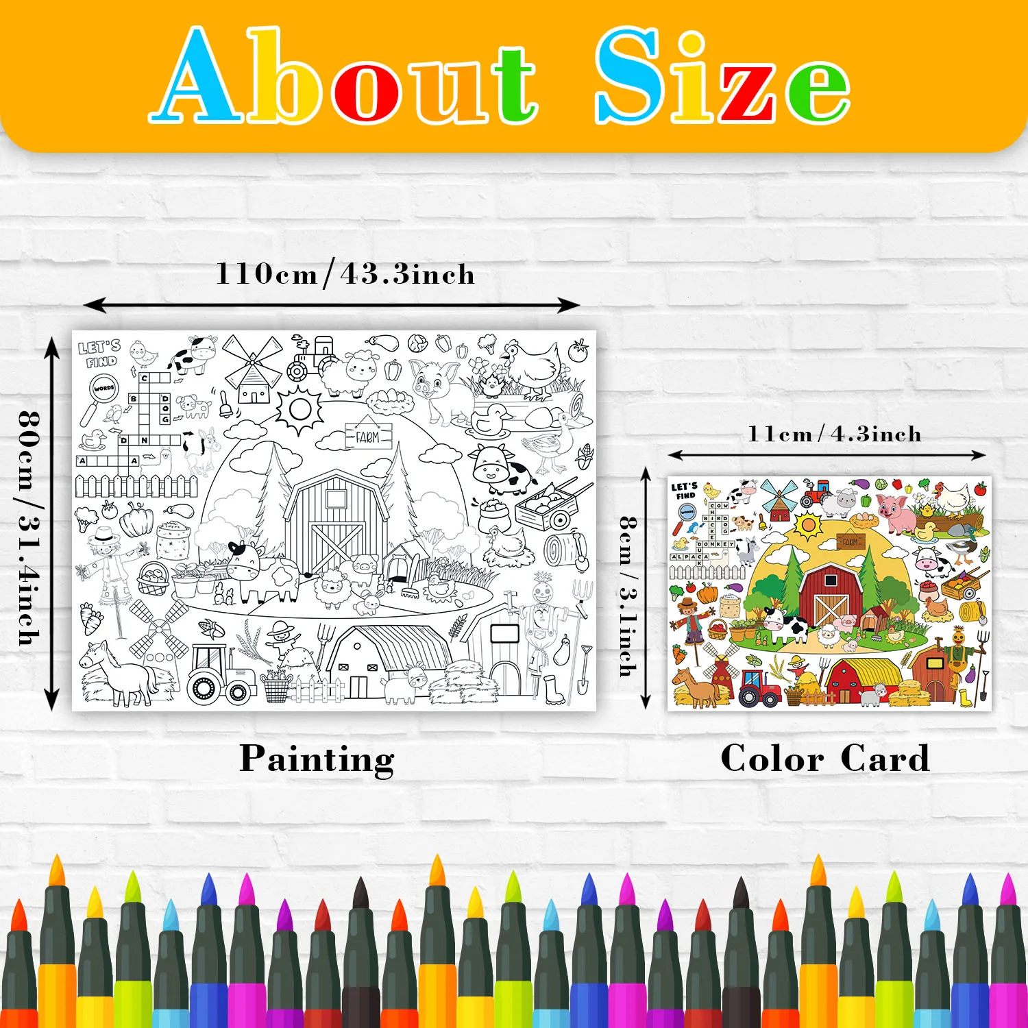 Farm themed children\'s coloring book, coloring poster, boys and girls large coloring tablecloth, harvest season party supplies