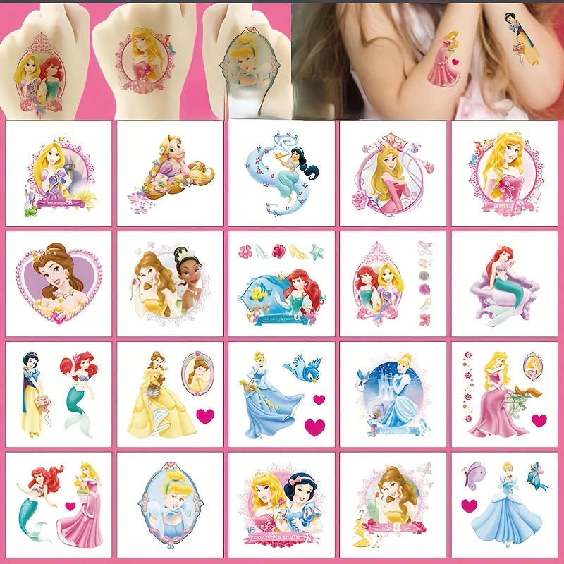 20 unids/set de pegatinas de tatuaje de princesa Cenicienta Jasmine de Disney, pegatinas impermeables, decoración divertida para fiesta de cumpleaños y boda