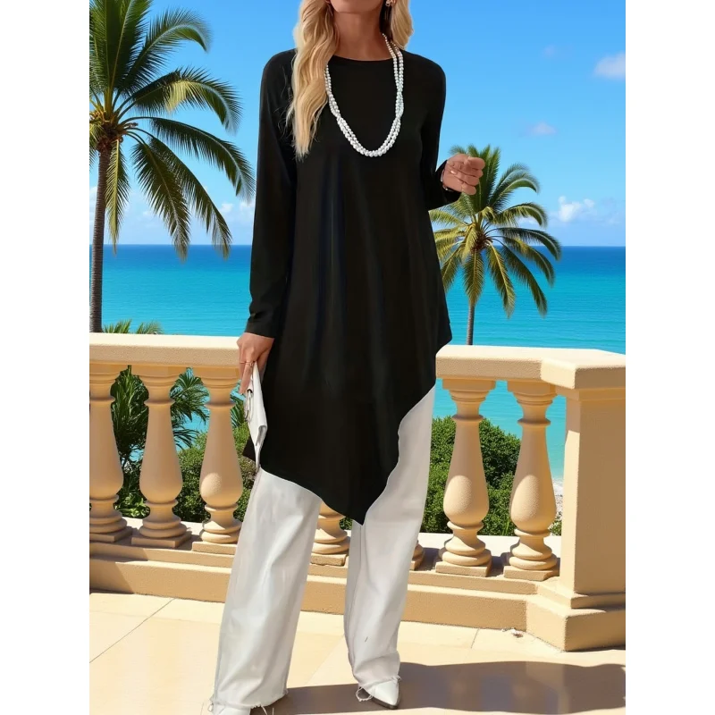 

Women's New Spring/Autumn Fashionable and Elegant Casual Solid Color Asymmetrical Hem Round Neck Loose Fit Minimalist