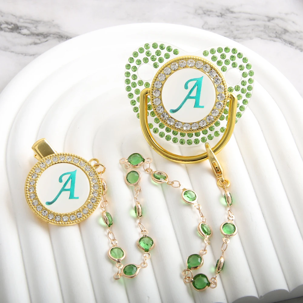 Clear 26 Initial Letters Green Bling Baby Pacifier With Diamond Chain Clip Diamonds Nipple