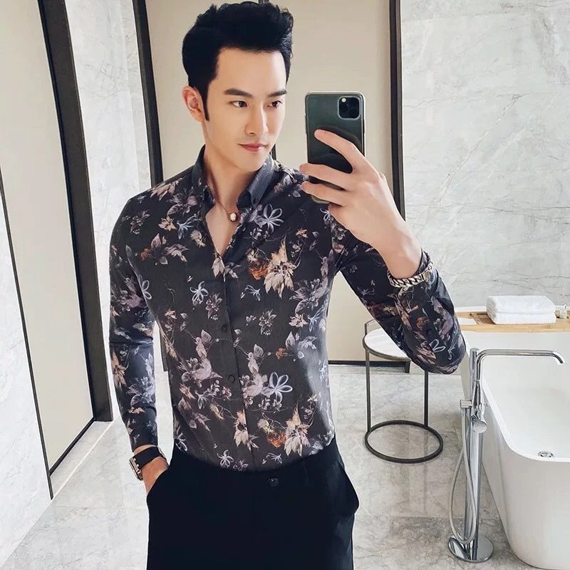 Men Autumn New Floral Long Sleeve Shirt Slim Fit Premium Ironless Casual Top