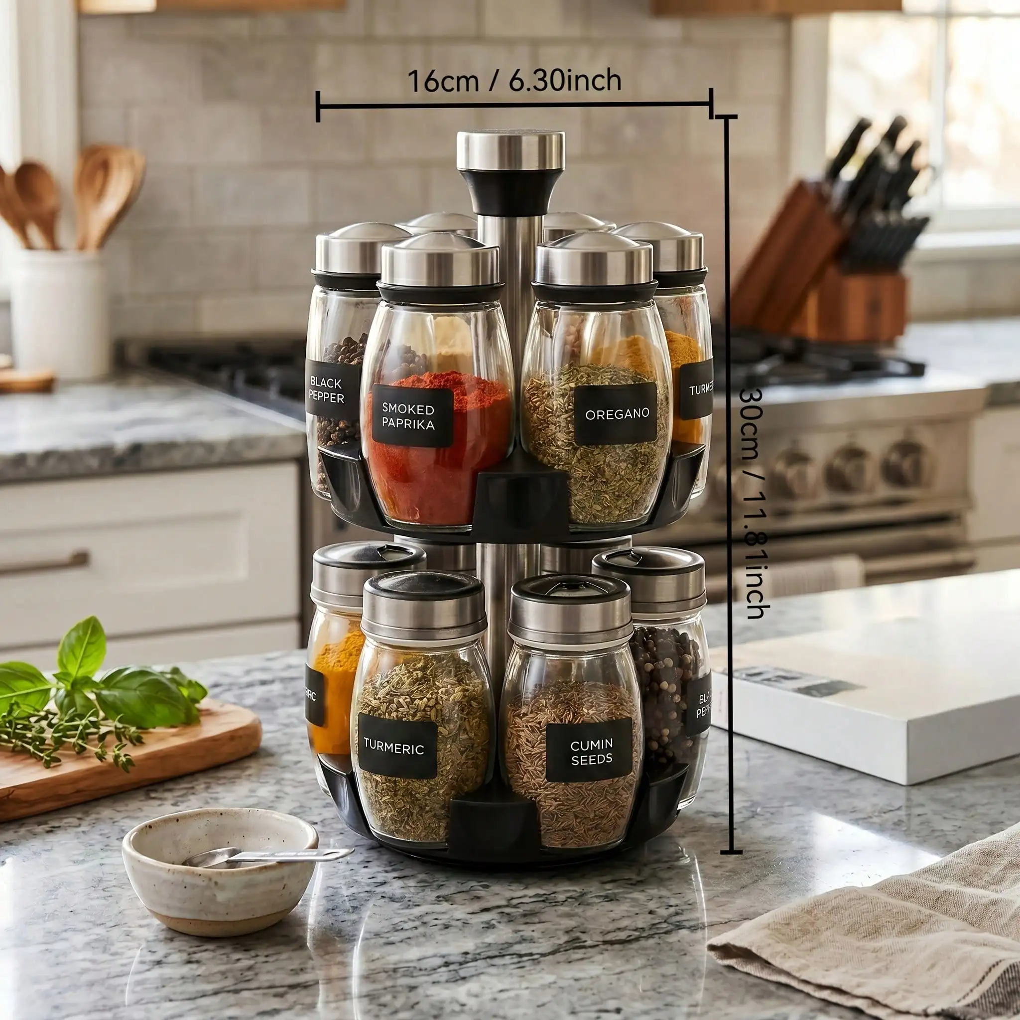 12pcs Glass Jar Set - Rotating Kitchen Spice Rack Organizer, Countertop Herb & Spice Carousel - Ideal For Kitchen Counter Accessories, Spice Organization, And Storage