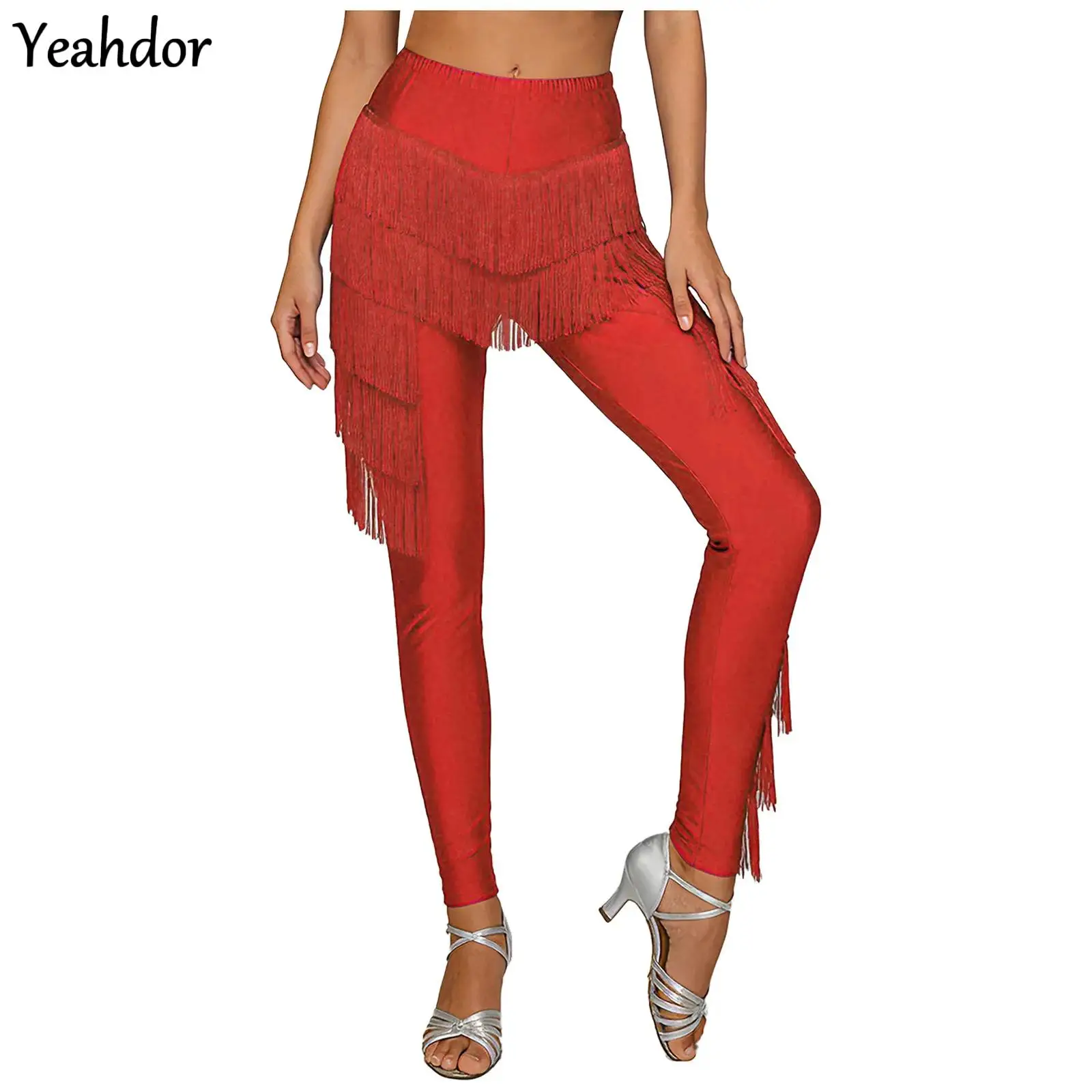 

Женские эластичные брюки с бахромой для латинских танцев, многоуровневые леггинсы с кисточками, брюки, костюмы для танцев румбы, танго, ча-ча