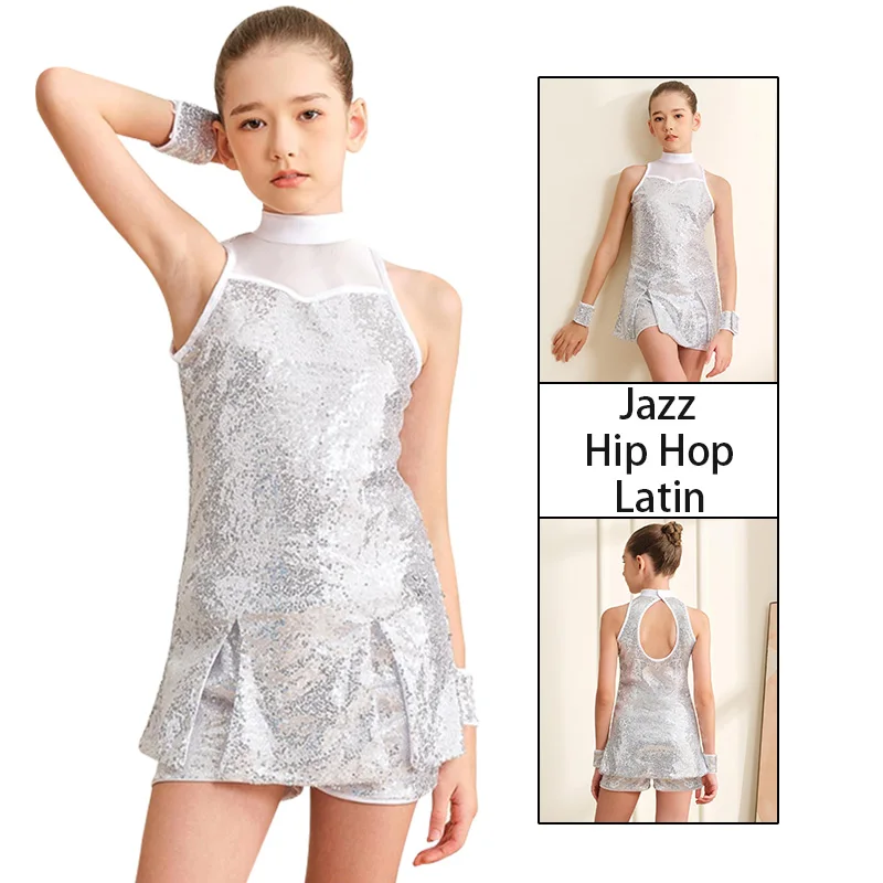 Mädchen Pailletten-Tanzkleid Funkelnde Kleidung für Kinder Ärmelloses Top und Shorts Jazz Hip Hop Latin Glänzender Anzug Outfit Kostüm – Detail 7