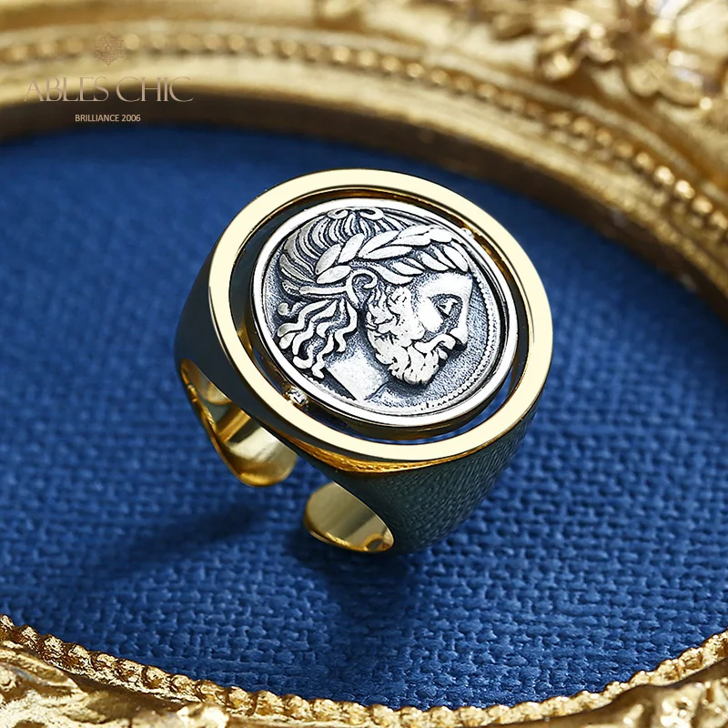 Greek Zeus Silver Coins 18K Gold Two Tone Solid 925 Silver Roman Coin Open Ring R1005