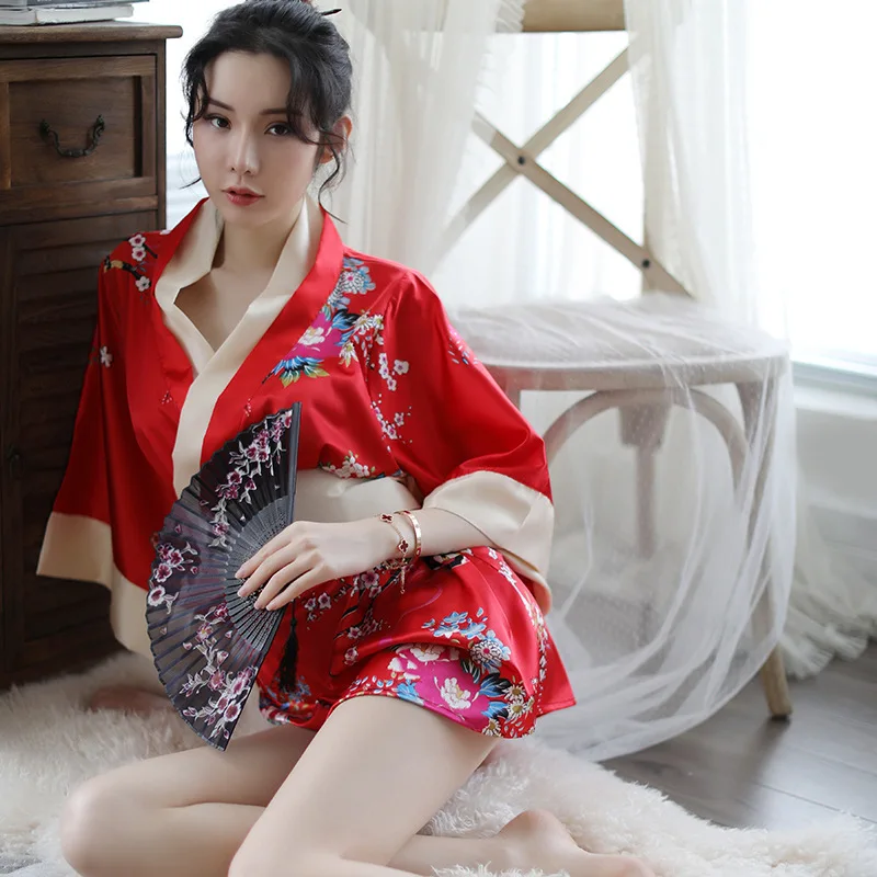 Sexy Lingerie Anime Cosplay Costume Japanese Kimono Sexy Dress Outfit Pajamas Soft Silk Suit Set Night Club Wear for Women Girls