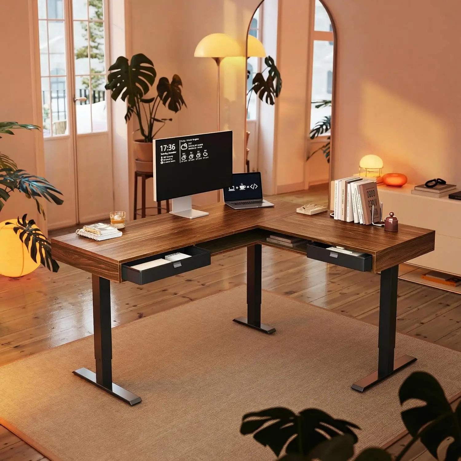 

Электрический L-образный стол для работы стоя, регулируемый по высоте, 63″x55″, угловой компьютерный стол с 2 выдвижными ящиками и открытым местом для хранения, на заказ