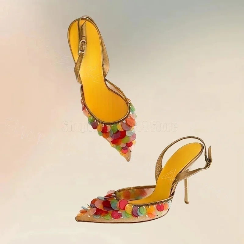 

Colorful Sequins Shallow Pointed Toe Pumps Buckle Strap Women Shoes Thin High Heels Novel Party Feast 2025 Zapatos Para Mujere