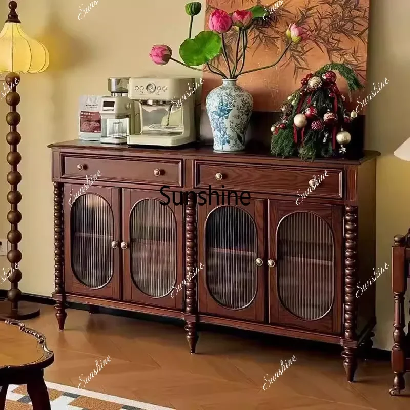French retro solid wood dining side cabinet villa glass locker