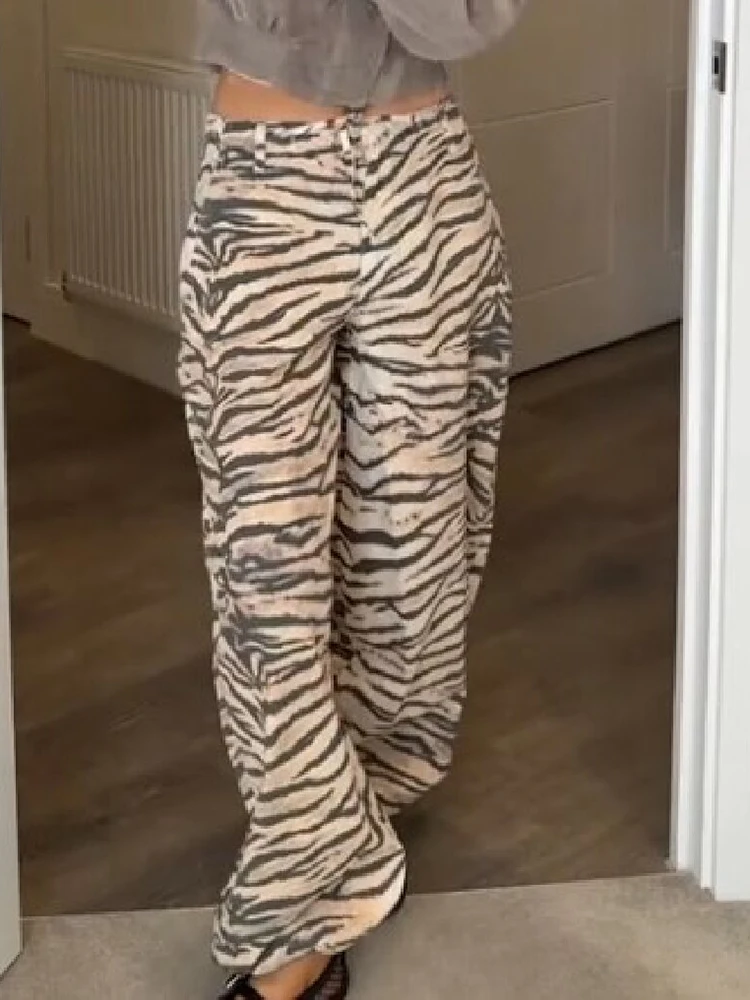 Retro Animal Zebra Print Wide Leg Trousers Mid Waist Adjustable Drawstring Full Length Pants Trendy Street Daily Party Wear New