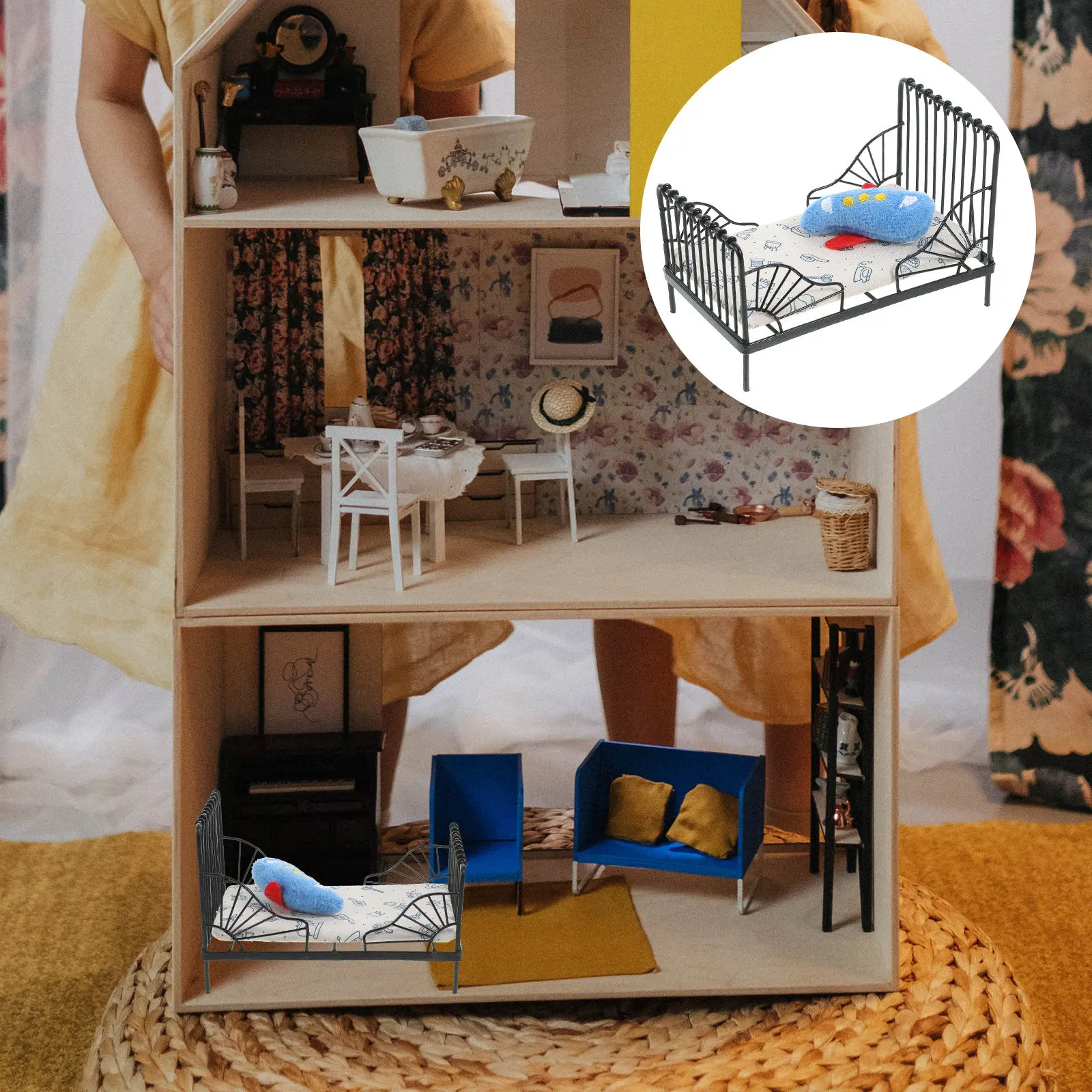 

1Set Mini Iron Bed Pillow Set for Dollhouse Vintage Cozy Bedroom Scene Realistic Miniature Furniture Decor Accessory