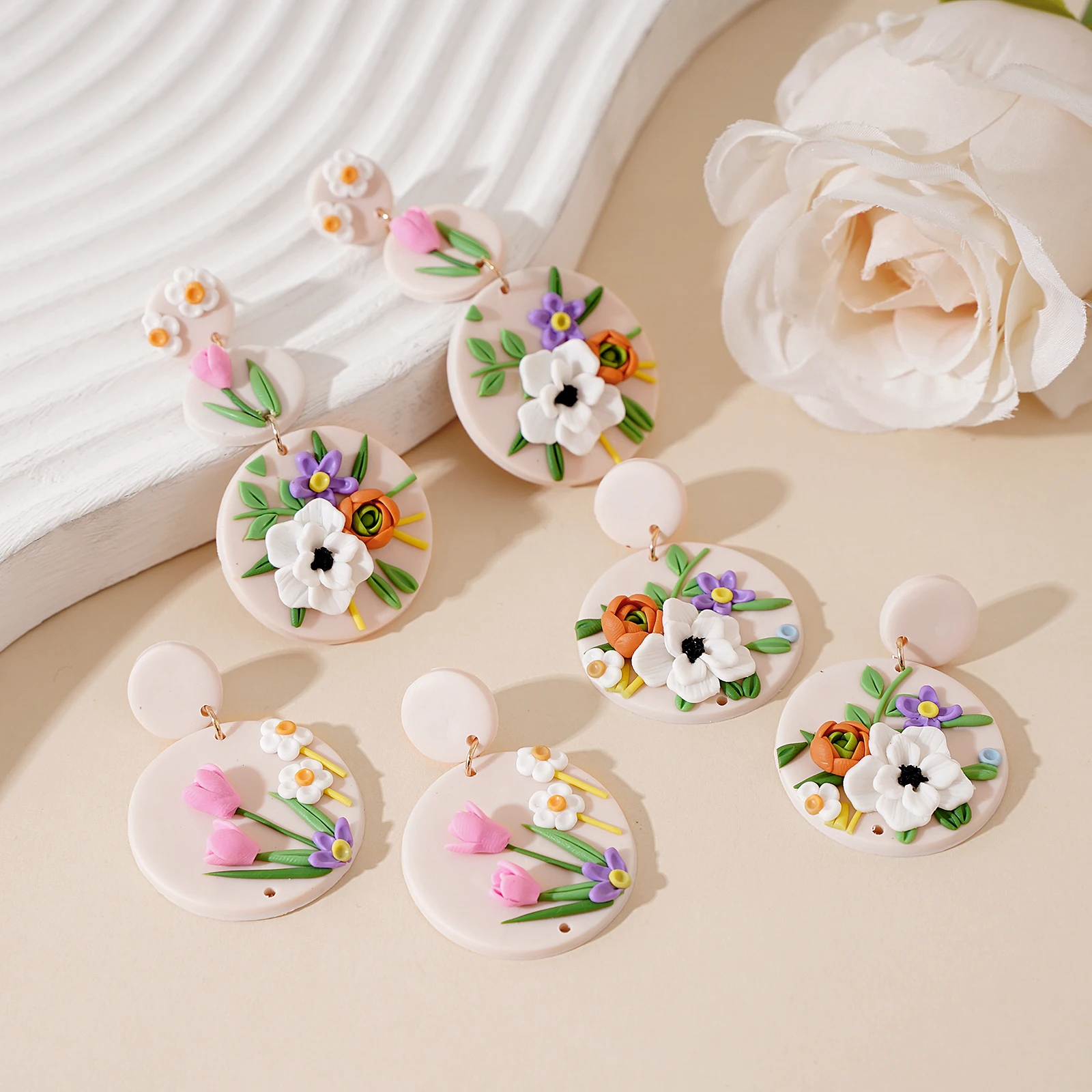 Trendy Fashion Floral Multi Shapes Dangle Turlip Layers Spring Summer Handmade Polymer Clay Earrings Women's Accessories Gifts