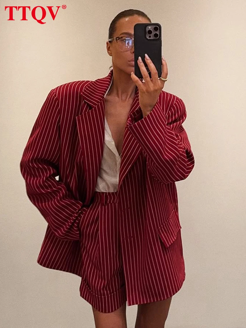 

TTQV Fashion Loose Stripe Print 2 Pieces Set Woman Elegant Long Sleeve Blazer With High Waist Shorts Set Female Streetwear